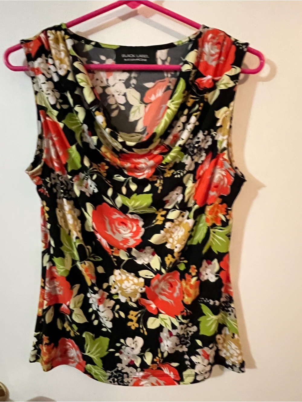 Black Label by Evan Picone Black Floral Cowl Neck Sleeveless Top small